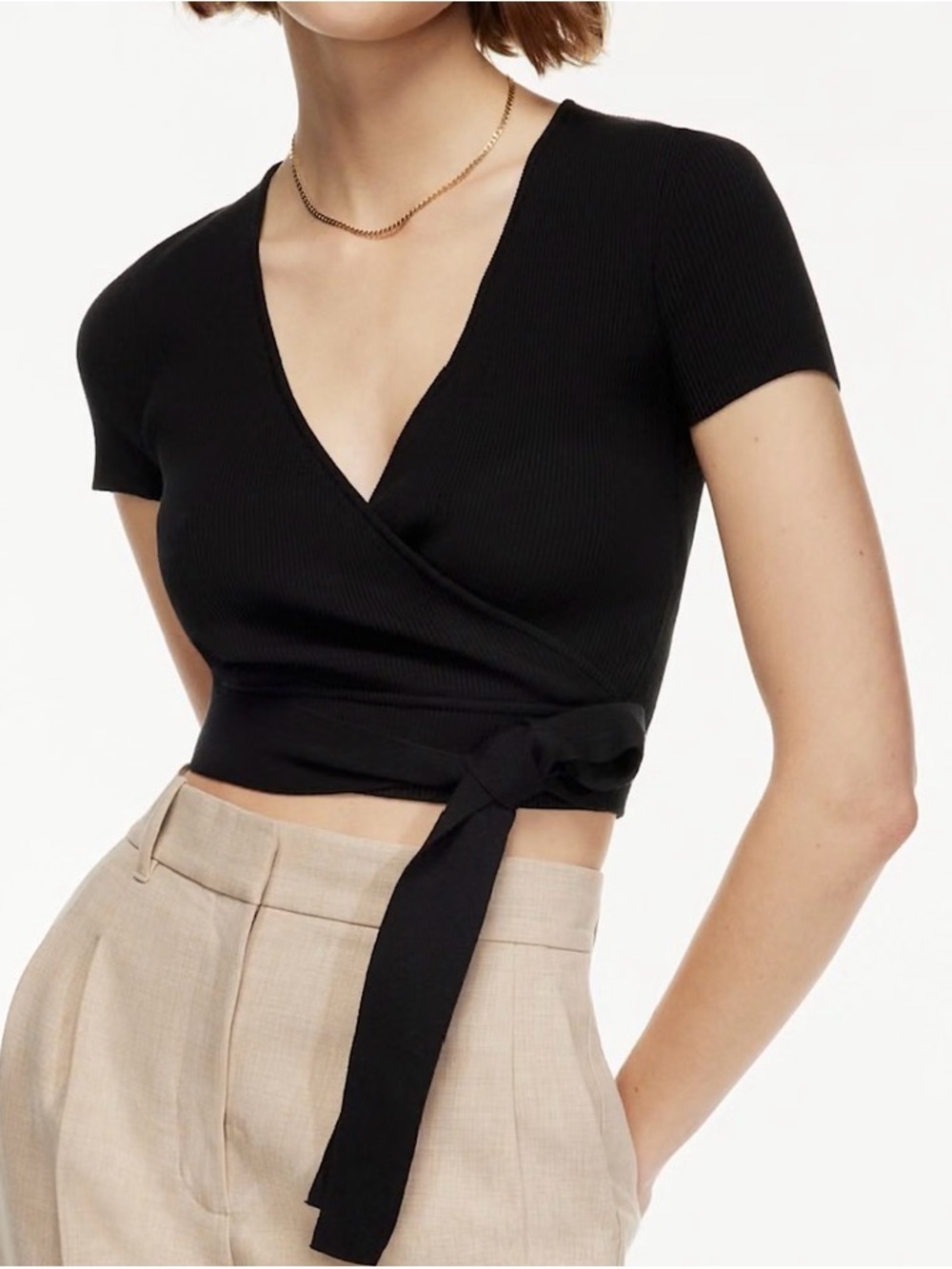 Aritzia Wilfred Black Wrap Crop Top with Tie